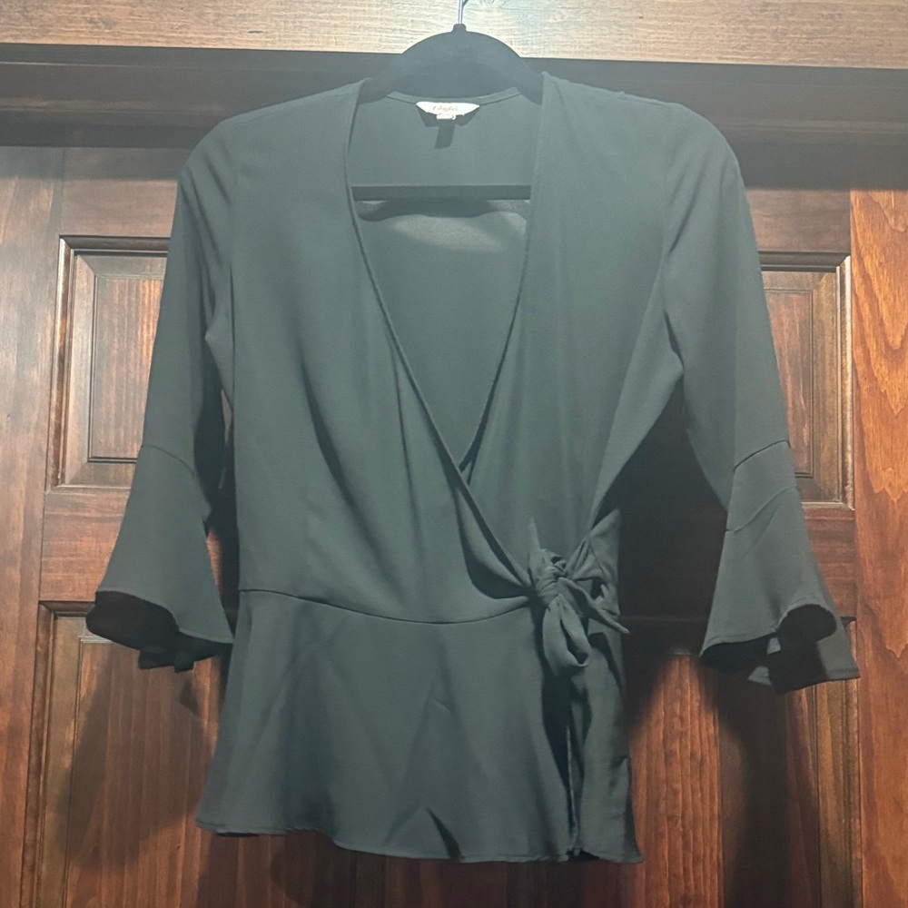 Black Wrap Blouse with Ruffle Sleeves